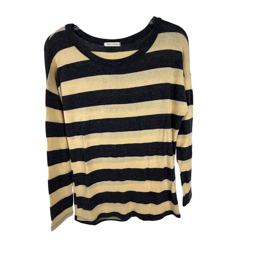 Tea n Rose Women's Sweater Long-Sleeve Scoop-Neck Size S Gray/Yellow Stripe